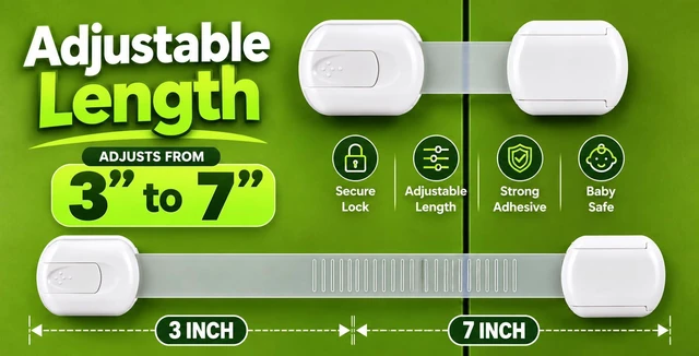 Alt view image 5 of 7 - Safety Cabinet Locks (2 Pack) Adjustable Baby Proofing Strap Latches with Strong 3M Adhesive No Drill Childproof Locks for Drawers, Cabinets, Fridge, Door, Closet, Black