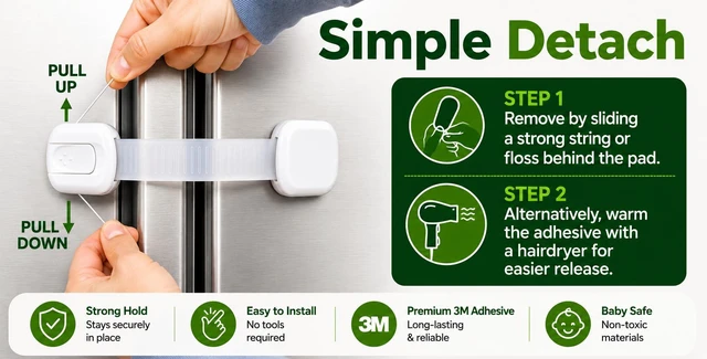 Alt view image 7 of 7 - Safety Cabinet Locks (2 Pack) Adjustable Baby Proofing Strap Latches with Strong 3M Adhesive No Drill Childproof Locks for Drawers, Cabinets, Fridge, Door, Closet, Black