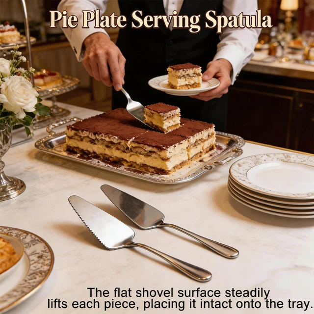 Alt view image 2 of 7 - 2-Piece Cake Pie Server Set, Serrated Stainless Steel Spatulas, 8.94 Inches | One-Sided Serrated Edges Cut Cake, Pie, Cheesecake, Pizza and Lasagna; Server Surface for Slice Support; Dishwasher Safe.