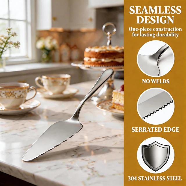 Alt view image 4 of 7 - 2-Piece Cake Pie Server Set, Serrated Stainless Steel Spatulas, 8.94 Inches | One-Sided Serrated Edges Cut Cake, Pie, Cheesecake, Pizza and Lasagna; Server Surface for Slice Support; Dishwasher Safe.
