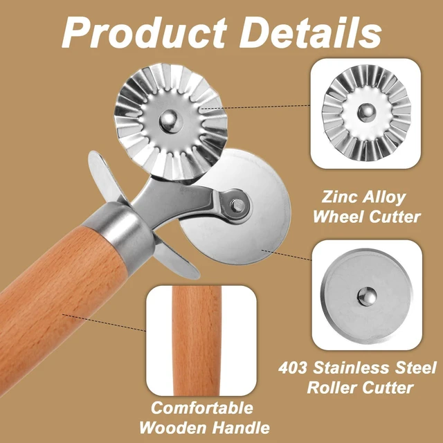Alt view image 4 of 7 - Wheel Pastry Cutter, Professional Pizza Cutter with Wood Handle Stainless Steel Kitchen Baking Tool for Spaghetti Fluted Pasta Ravioli Dough