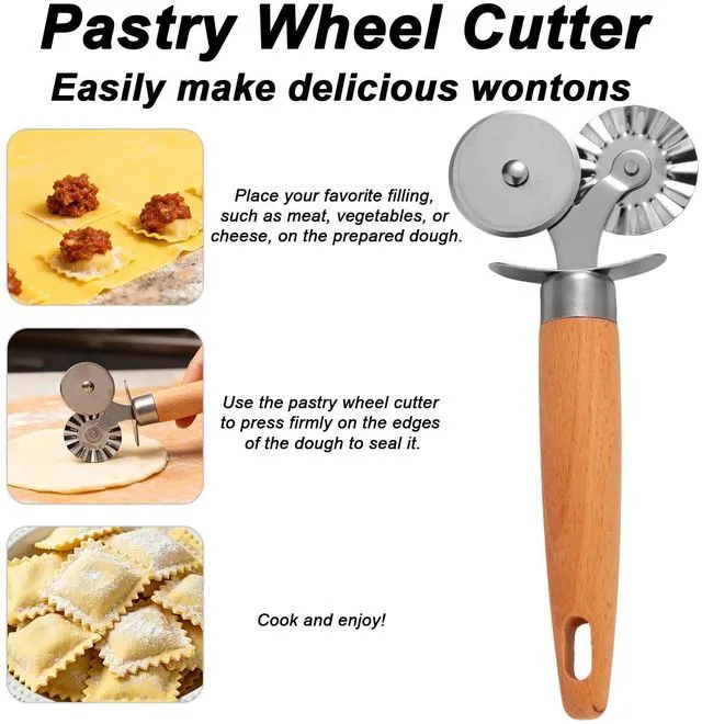 Alt view image 5 of 7 - Wheel Pastry Cutter, Professional Pizza Cutter with Wood Handle Stainless Steel Kitchen Baking Tool for Spaghetti Fluted Pasta Ravioli Dough