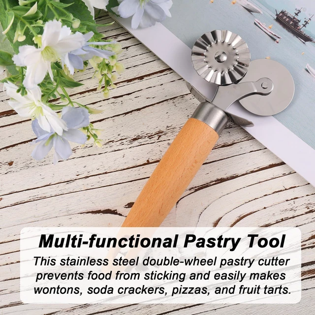 Alt view image 6 of 7 - Wheel Pastry Cutter, Professional Pizza Cutter with Wood Handle Stainless Steel Kitchen Baking Tool for Spaghetti Fluted Pasta Ravioli Dough