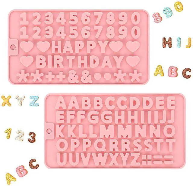 Main image of 2PCS Silicone Molds for Chocolate,Number Letter Molds,Reusable Candy Molds with Happy Birthday Decorating Symbols,Mini Size Alphabet Decorating for Birthday Cake Lollipop Fondant Chocolate (Pink)