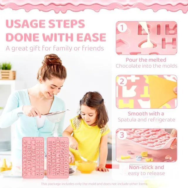 Alt view image 4 of 7 - 2PCS Silicone Molds for Chocolate,Number Letter Molds,Reusable Candy Molds with Happy Birthday Decorating Symbols,Mini Size Alphabet Decorating for Birthday Cake Lollipop Fondant Chocolate (Pink)