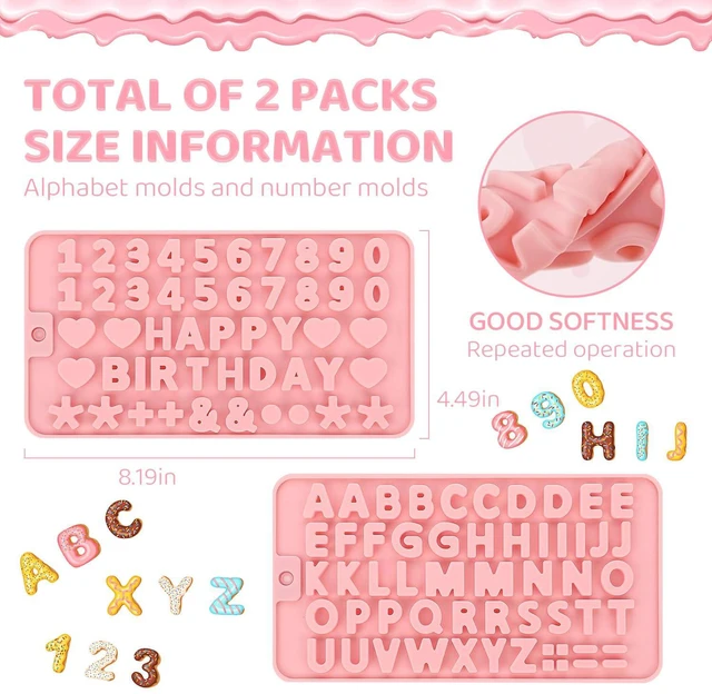 Alt view image 7 of 7 - 2PCS Silicone Molds for Chocolate,Number Letter Molds,Reusable Candy Molds with Happy Birthday Decorating Symbols,Mini Size Alphabet Decorating for Birthday Cake Lollipop Fondant Chocolate (Pink)