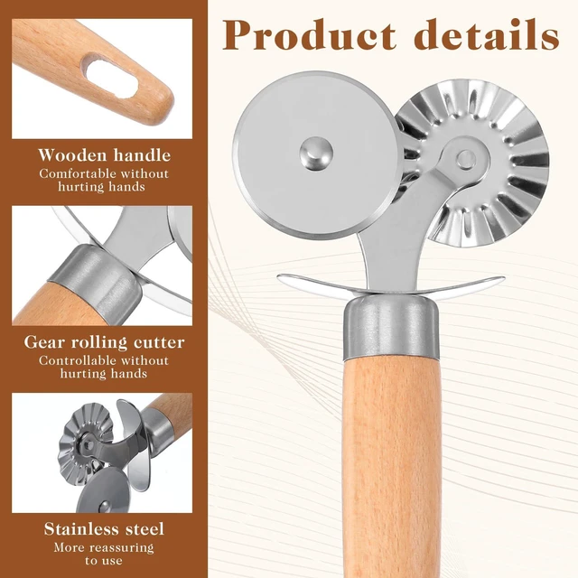 Alt view image 4 of 7 - Wheel Pastry Cutter with Premium Wooden Handle, Stainless Steel Dual-Head Ravioli & Pasta Cutter for Pizza, Cookies, and Pasta, Multipurpose Baking Tool for Kitchen