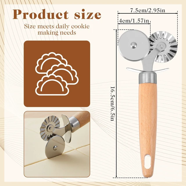 Alt view image 3 of 7 - Wheel Pastry Cutter with Premium Wooden Handle, Stainless Steel Dual-Head Ravioli & Pasta Cutter for Pizza, Cookies, and Pasta, Multipurpose Baking Tool for Kitchen