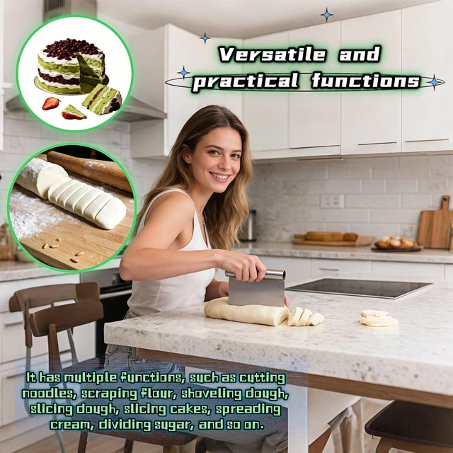 Alt view image 6 of 7 - Stainless Steel Dough Scraper with Measuring Scale - Multi-Purpose Kitchen Tool for Baking, Pizza, Grilling, Pastry Cutter & Vegetable Chopper | Ergonomic Handle & Rust-Proof Design