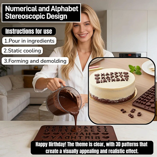 Alt view image 7 of 7 - Silicone Letter & Number Chocolate Molds (2-Pack) - Food Grade Non-Stick Baking Molds with Birthday Cake Decorating Symbols - Reusable Candy, Gummy, and Fondant Molds for DIY Desserts & Ice Cubes