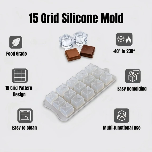 Alt view image 5 of 7 - Silicone Chocolate Candy Mold, 15-Cavity Diamond Square Shape, Food Grade, for Ice Cubes, Jelly, Baking, 2 Pack