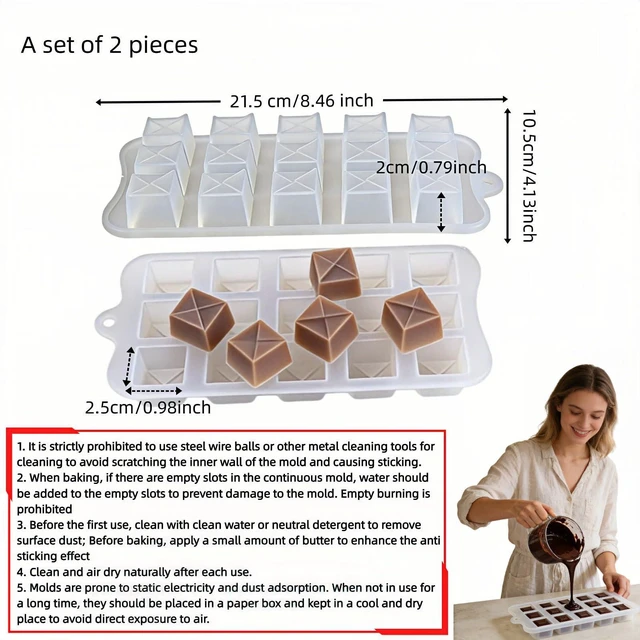 Alt view image 4 of 7 - Silicone Chocolate Candy Mold, 15-Cavity Diamond Square Shape, Food Grade, for Ice Cubes, Jelly, Baking, 2 Pack