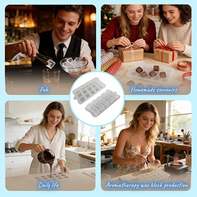 Alt view image 7 of 7 - Silicone Chocolate Candy Mold, 15-Cavity Diamond Square Shape, Food Grade, for Ice Cubes, Jelly, Baking, 2 Pack