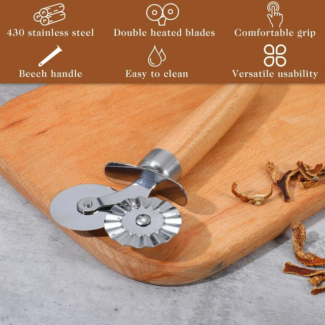 Alt view image 6 of 7 - Wheel Pastry Cutter with Premium Wooden Handle, Stainless Steel Dual-Head Ravioli & Pasta Cutter for Pizza, Cookies, and Pasta, Multipurpose Baking Tool for Kitchen