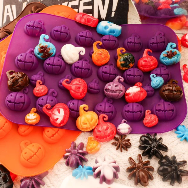 Alt view image 4 of 7 - Halloween Silicone Chocolate Molds 2PCS Pumpkin Shape Baking Molds for Chocolate Jelly Soap Fondant Candy Candles Pastry Gummies Cake Decorating 28 cavities,Mediumes-Small Size,Purple,Pumpkin