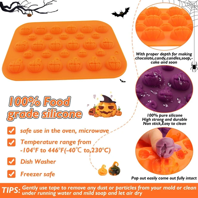 Alt view image 3 of 7 - Halloween Silicone Chocolate Molds 2PCS Pumpkin Shape Baking Molds for Chocolate Jelly Soap Fondant Candy Candles Pastry Gummies Cake Decorating 28 cavities,Mediumes-Small Size,Purple,Pumpkin