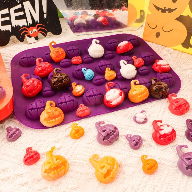Alt view image 5 of 7 - Halloween Silicone Chocolate Molds 2PCS Pumpkin Shape Baking Molds for Chocolate Jelly Soap Fondant Candy Candles Pastry Gummies Cake Decorating 28 cavities,Mediumes-Small Size,Purple,Pumpkin