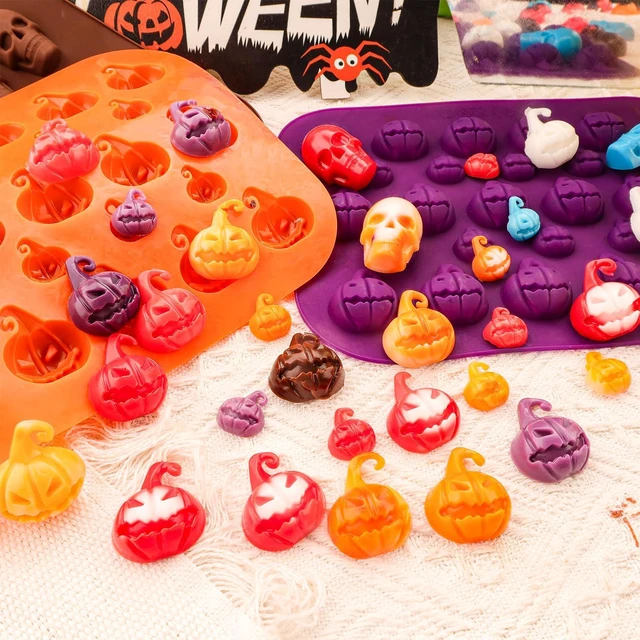Alt view image 6 of 7 - Halloween Silicone Chocolate Molds 2PCS Pumpkin Shape Baking Molds for Chocolate Jelly Soap Fondant Candy Candles Pastry Gummies Cake Decorating 28 cavities,Mediumes-Small Size,Purple,Pumpkin