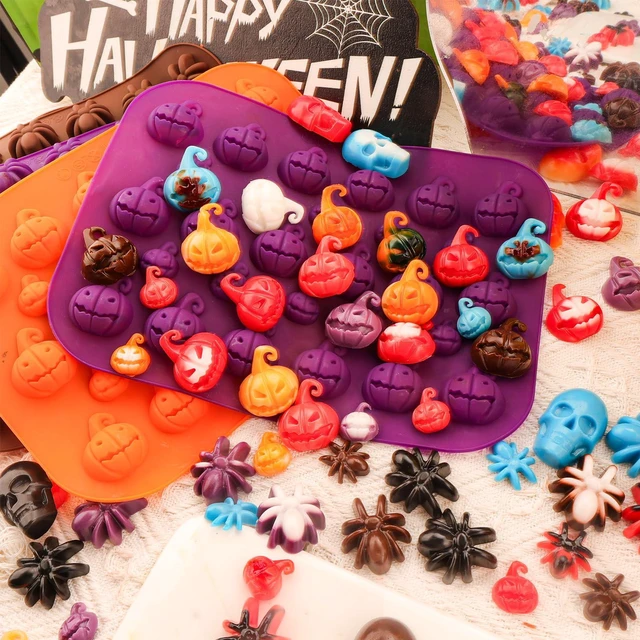 Alt view image 7 of 7 - Halloween Silicone Chocolate Molds 2PCS Pumpkin Shape Baking Molds for Chocolate Jelly Soap Fondant Candy Candles Pastry Gummies Cake Decorating 28 cavities,Mediumes-Small Size,Purple,Pumpkin