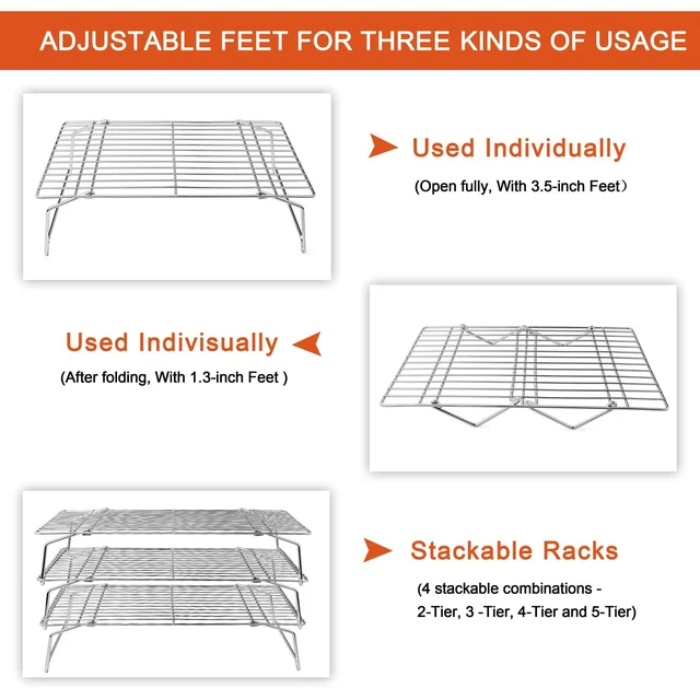 Alt view image 2 of 6 - 5-Tier Stainless Steel Cooling Rack, 16.5" x 11.4", Silver | Stackable Baking Cooking Racks for Cooling Roasting Grilling, Collapsible & Heavy Duty, Oven Safe & Easy Clean