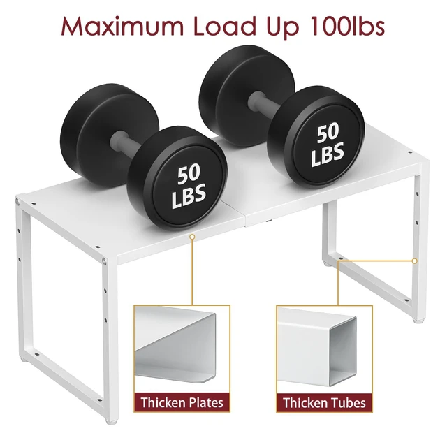 Alt view image 3 of 7 - Expandable Kitchen Storage Shelves,100LBS Heavy Duty Metal Shelving Unit For Pot Pans Appliance,Adjustable White Small Shelf Rack Organizer For Kitchen Countertop Under Cabinet Closet Garage Pantry