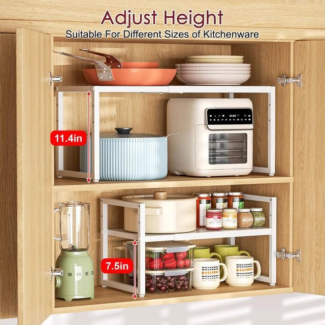 Alt view image 4 of 7 - Expandable Kitchen Storage Shelves,100LBS Heavy Duty Metal Shelving Unit For Pot Pans Appliance,Adjustable White Small Shelf Rack Organizer For Kitchen Countertop Under Cabinet Closet Garage Pantry