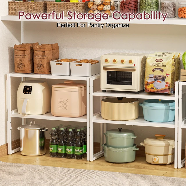 Alt view image 7 of 7 - Expandable Kitchen Storage Shelves,100LBS Heavy Duty Metal Shelving Unit For Pot Pans Appliance,Adjustable White Small Shelf Rack Organizer For Kitchen Countertop Under Cabinet Closet Garage Pantry