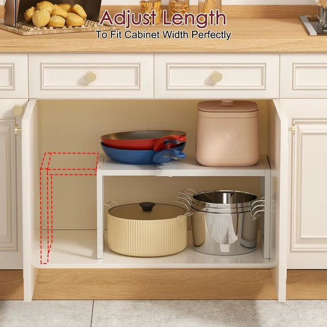 Alt view image 5 of 7 - Expandable Kitchen Storage Shelves,100LBS Heavy Duty Metal Shelving Unit For Pot Pans Appliance,Adjustable White Small Shelf Rack Organizer For Kitchen Countertop Under Cabinet Closet Garage Pantry