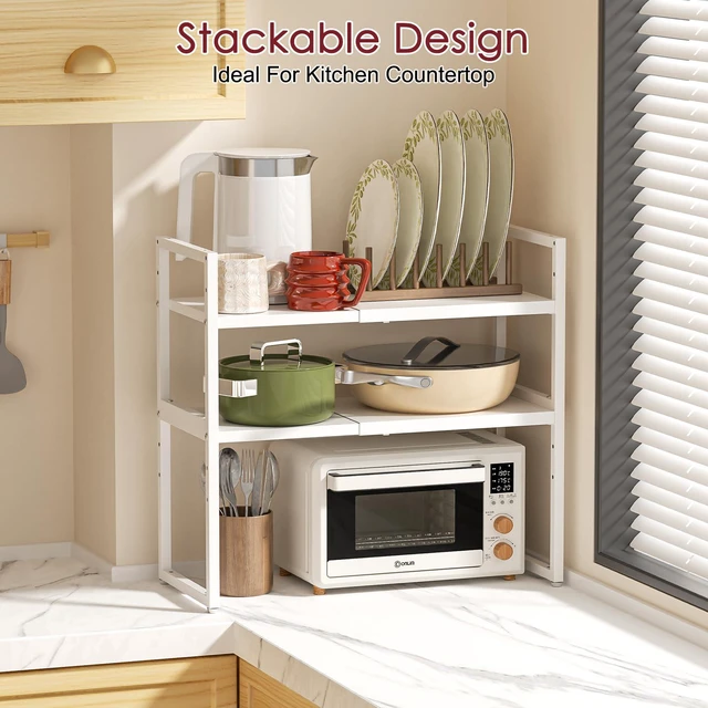 Alt view image 6 of 7 - Expandable Kitchen Storage Shelves,100LBS Heavy Duty Metal Shelving Unit For Pot Pans Appliance,Adjustable White Small Shelf Rack Organizer For Kitchen Countertop Under Cabinet Closet Garage Pantry