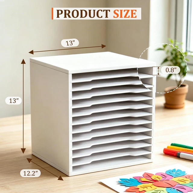 Alt view image 2 of 7 - Scrapbook Paper Organizer for Sizes 12" x 12", 12 Tier Desk File Organizer with Adjustable Shelves, Stackable Scrapbook Paper Storage Cube for Home Office Classroom Paper Rack