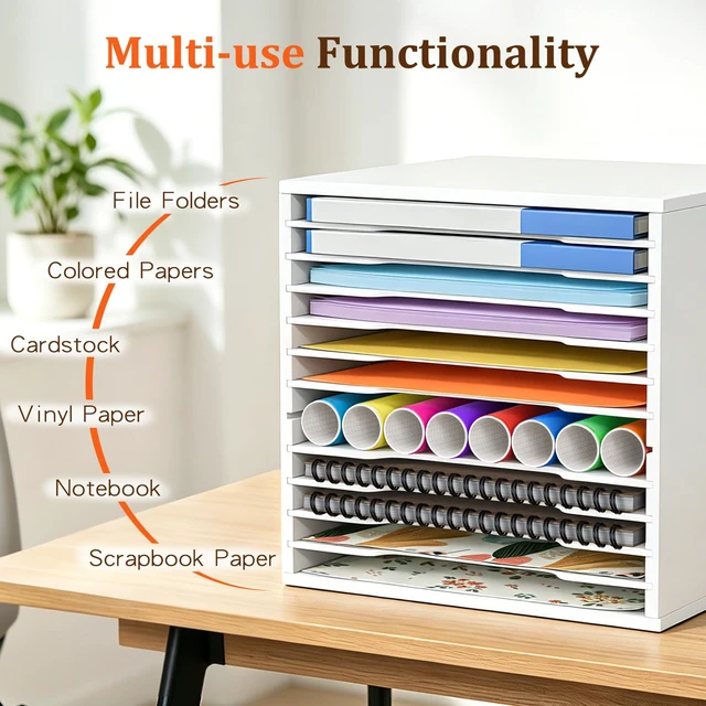 Alt view image 3 of 7 - Scrapbook Paper Organizer for Sizes 12" x 12", 12 Tier Desk File Organizer with Adjustable Shelves, Stackable Scrapbook Paper Storage Cube for Home Office Classroom Paper Rack