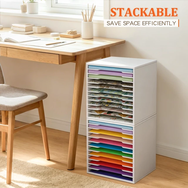 Alt view image 4 of 7 - Scrapbook Paper Organizer for Sizes 12" x 12", 12 Tier Desk File Organizer with Adjustable Shelves, Stackable Scrapbook Paper Storage Cube for Home Office Classroom Paper Rack