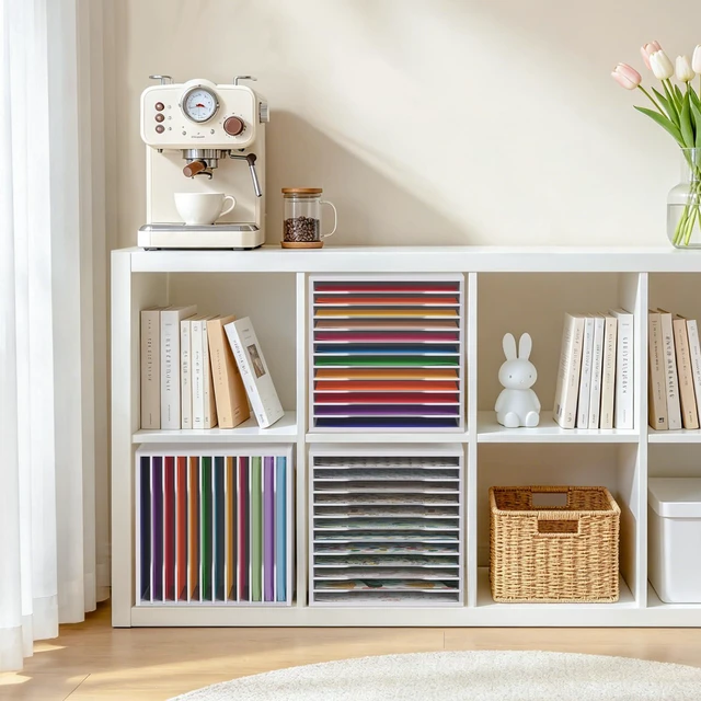 Alt view image 6 of 7 - Scrapbook Paper Organizer for Sizes 12" x 12", 12 Tier Desk File Organizer with Adjustable Shelves, Stackable Scrapbook Paper Storage Cube for Home Office Classroom Paper Rack