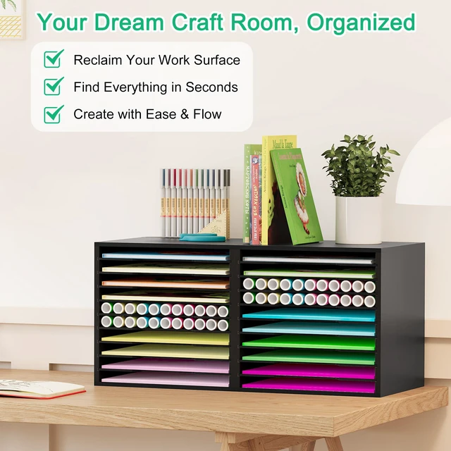 Alt view image 3 of 7 - Scrapbook Paper Storage Organizer for Craft Room, 12x12 Paper Storage Desk Shelf, 10 Slot Adjustable File Sorter for Office School Classroom, Black