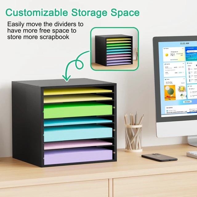 Alt view image 4 of 7 - Scrapbook Paper Storage Organizer for Craft Room, 12x12 Paper Storage Desk Shelf, 10 Slot Adjustable File Sorter for Office School Classroom, Black
