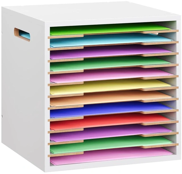 Main image of 12x12 Scrapbook Paper Storage Organizer Wood, 12 Tier Desk File Organizer with Handle, Stackable Paper Sorter Holder with Adjustable Shelves for Craft Room Home Office Classroom Desktop, White