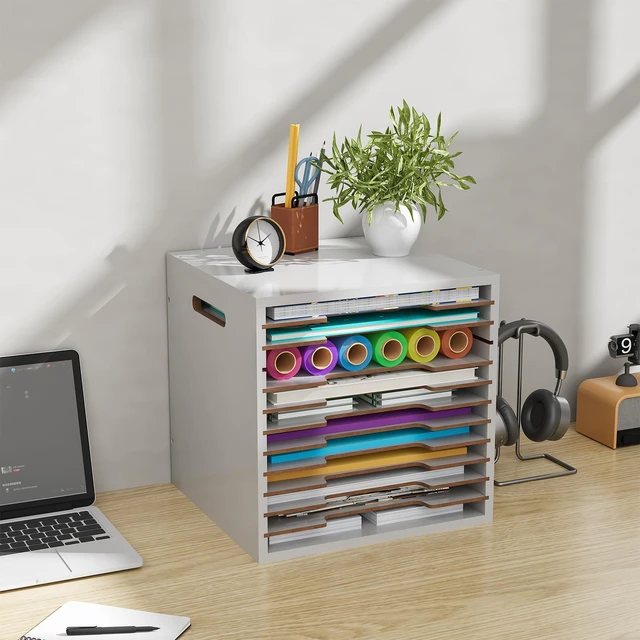 Alt view image 3 of 7 - 12x12 Scrapbook Paper Storage Organizer Wood, 12 Tier Desk File Organizer with Handle, Stackable Paper Sorter Holder with Adjustable Shelves for Craft Room Home Office Classroom Desktop, White