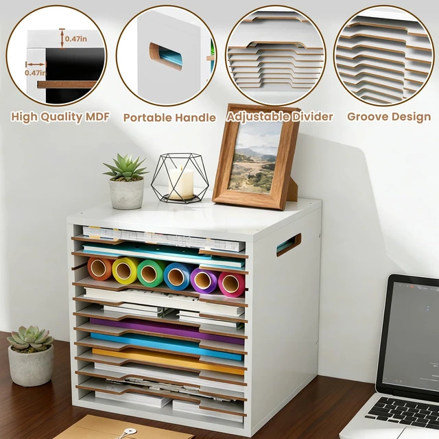 Alt view image 4 of 7 - 12x12 Scrapbook Paper Storage Organizer Wood, 12 Tier Desk File Organizer with Handle, Stackable Paper Sorter Holder with Adjustable Shelves for Craft Room Home Office Classroom Desktop, White
