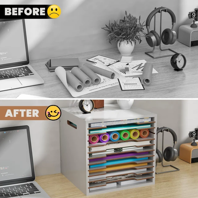 Alt view image 5 of 7 - 12x12 Scrapbook Paper Storage Organizer Wood, 12 Tier Desk File Organizer with Handle, Stackable Paper Sorter Holder with Adjustable Shelves for Craft Room Home Office Classroom Desktop, White