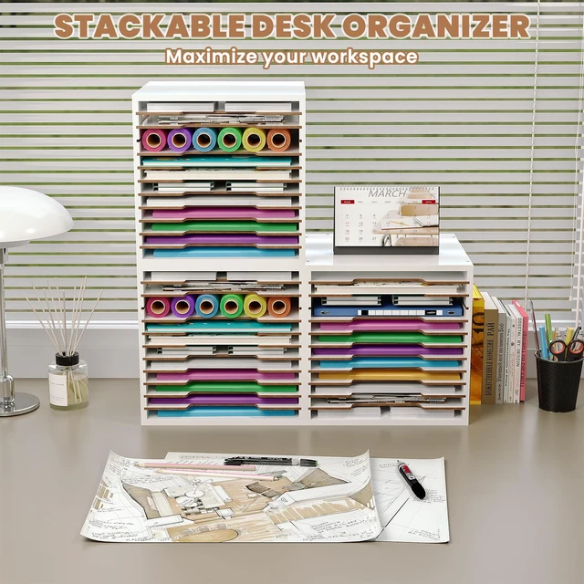 Alt view image 6 of 7 - 12x12 Scrapbook Paper Storage Organizer Wood, 12 Tier Desk File Organizer with Handle, Stackable Paper Sorter Holder with Adjustable Shelves for Craft Room Home Office Classroom Desktop, White