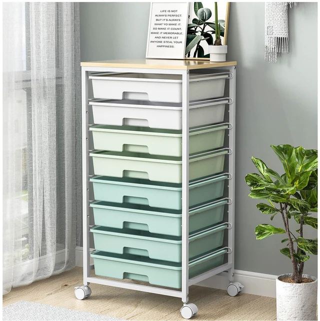 Main image of Rolling Cart with Drawers,Craft Organizers and Storage, Green | Rolling Storage Cart with 8 Drawers and Wooden Tabletop for Living Room,Office,Classroom,Craft Room,Bedroom,Dorm