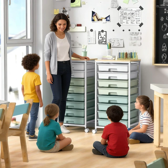 Alt view image 2 of 7 - Rolling Cart with Drawers,Craft Organizers and Storage, Green | Rolling Storage Cart with 8 Drawers and Wooden Tabletop for Living Room,Office,Classroom,Craft Room,Bedroom,Dorm
