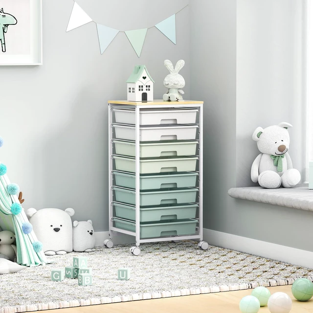 Alt view image 5 of 7 - Rolling Cart with Drawers,Craft Organizers and Storage, Green | Rolling Storage Cart with 8 Drawers and Wooden Tabletop for Living Room,Office,Classroom,Craft Room,Bedroom,Dorm