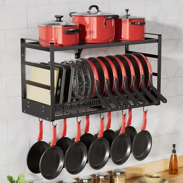 Main image of Pot Rack, 31 Inch Wall Mounted 2-Tier Pots & Pans Organizer with 20 Hooks | 14 Removable Slots & Pot Lid Holder, Heavy Duty Steel Pot and Pan Hanger for Kitchen Cookware & Utensil Storage