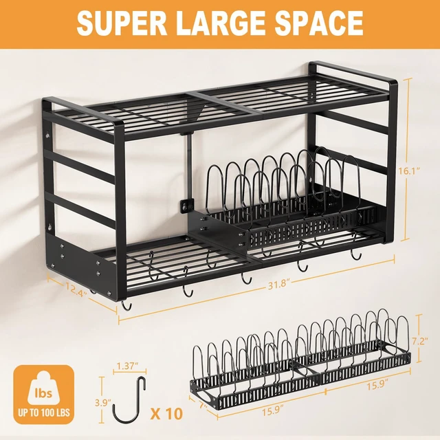 Alt view image 2 of 7 - Pot Rack, 31 Inch Wall Mounted 2-Tier Pots & Pans Organizer with 20 Hooks | 14 Removable Slots & Pot Lid Holder, Heavy Duty Steel Pot and Pan Hanger for Kitchen Cookware & Utensil Storage