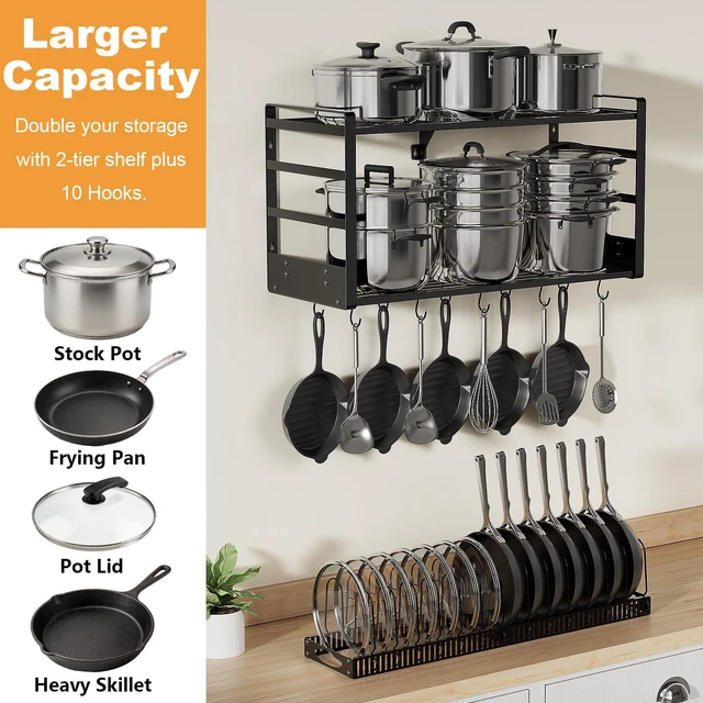 Alt view image 3 of 7 - Pot Rack, 31 Inch Wall Mounted 2-Tier Pots & Pans Organizer with 20 Hooks | 14 Removable Slots & Pot Lid Holder, Heavy Duty Steel Pot and Pan Hanger for Kitchen Cookware & Utensil Storage
