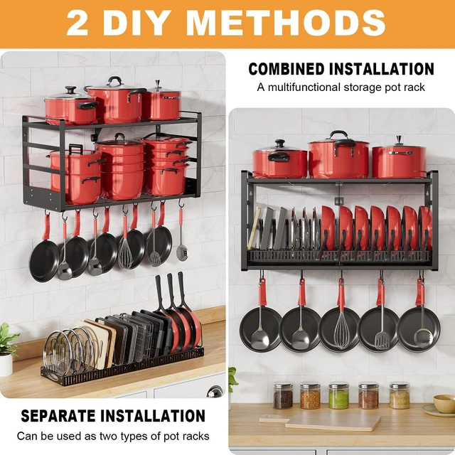 Alt view image 4 of 7 - Pot Rack, 31 Inch Wall Mounted 2-Tier Pots & Pans Organizer with 20 Hooks | 14 Removable Slots & Pot Lid Holder, Heavy Duty Steel Pot and Pan Hanger for Kitchen Cookware & Utensil Storage