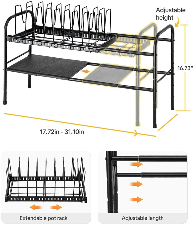 Alt view image 2 of 7 - Pots and Pans Organizer Under Cabinet, 2-Tier Expandable Pot Rack | 10 Dividers for Lid Separation, 5-Level Adjustable Height, Kitchen Cookware Pan Holder Shelf, Carbon Steel Frame
