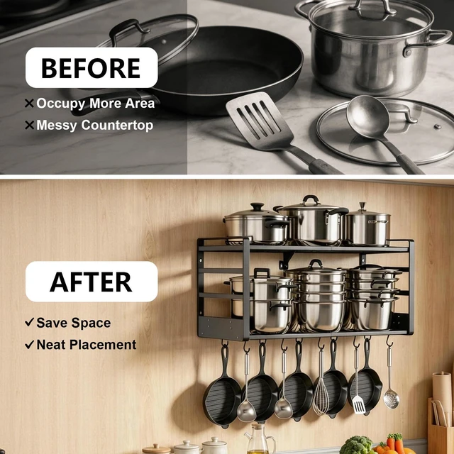 Alt view image 7 of 7 - Pot Rack, 31 Inch Wall Mounted 2-Tier Pots & Pans Organizer with 20 Hooks | 14 Removable Slots & Pot Lid Holder, Heavy Duty Steel Pot and Pan Hanger for Kitchen Cookware & Utensil Storage