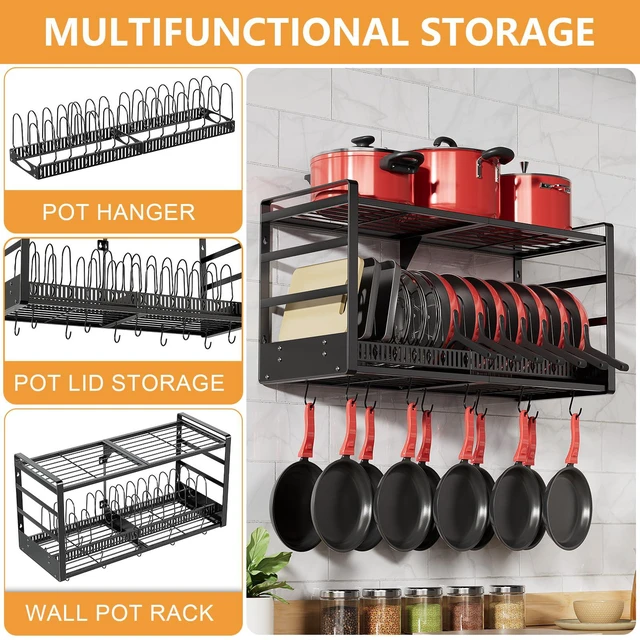 Alt view image 5 of 7 - Pot Rack, 31 Inch Wall Mounted 2-Tier Pots & Pans Organizer with 20 Hooks | 14 Removable Slots & Pot Lid Holder, Heavy Duty Steel Pot and Pan Hanger for Kitchen Cookware & Utensil Storage